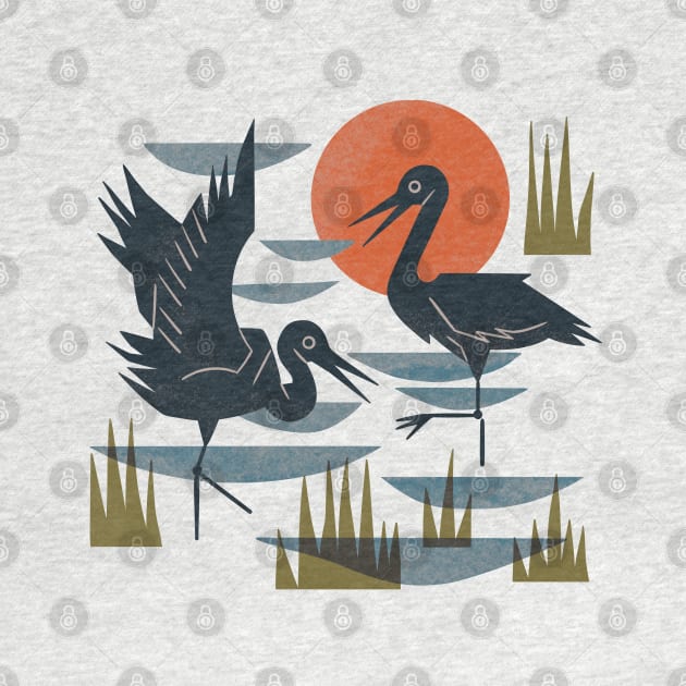 Cranes Wading At Sunset by Renea L Thull